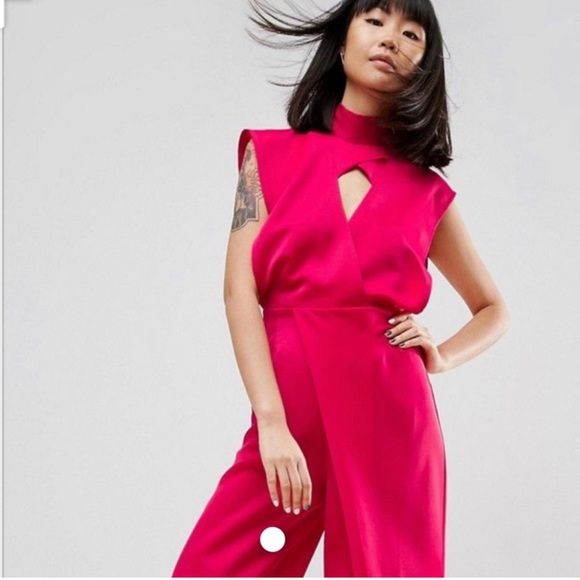 ASOS Pants - ASOS WHITE Cross Front Satin Pink Jumpsuit Size 10